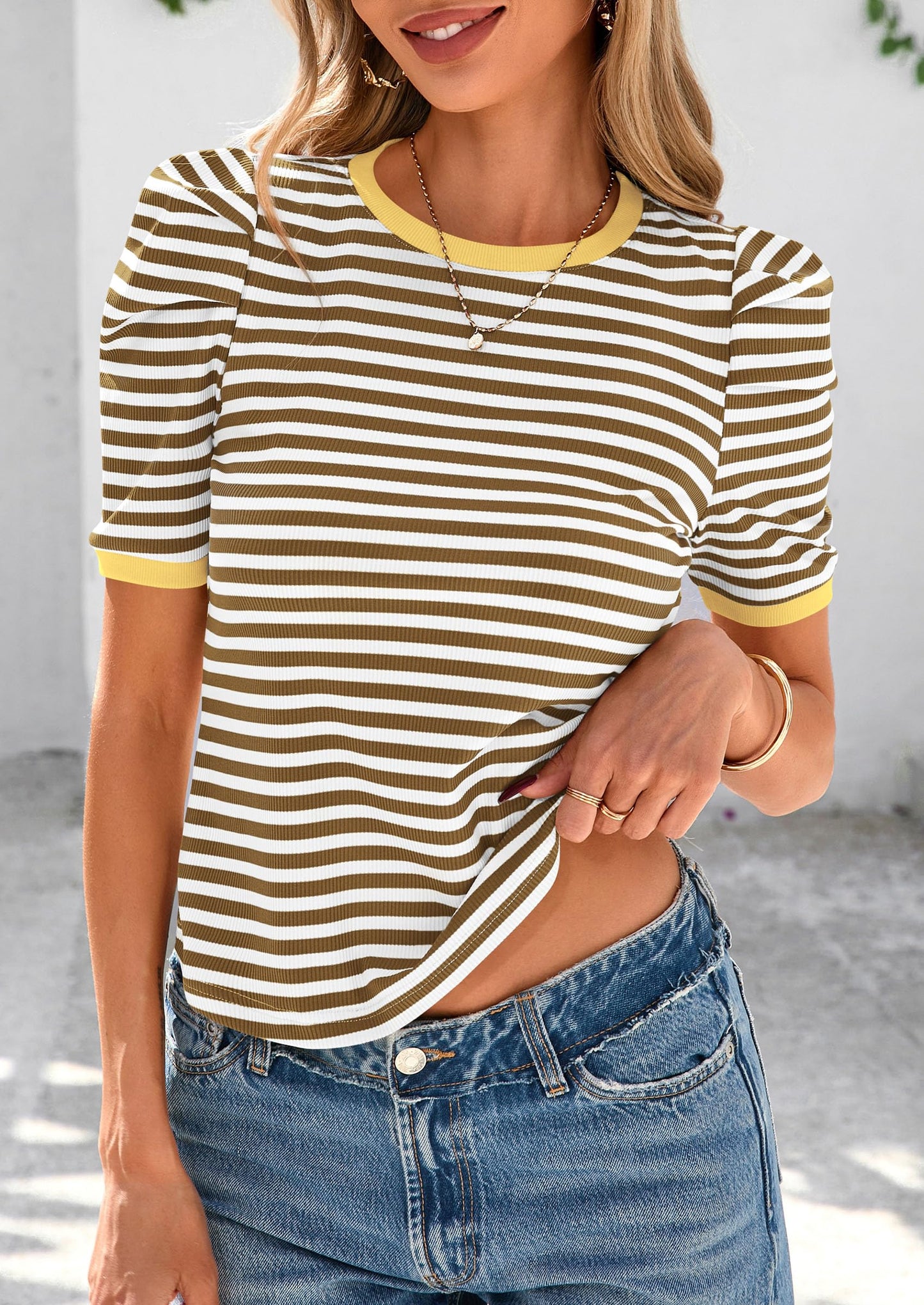 Women's Summer Puff Sleeve Tops Casual Ribbed Knit Color Block T Shirts Trendy Striped Pullover Tops