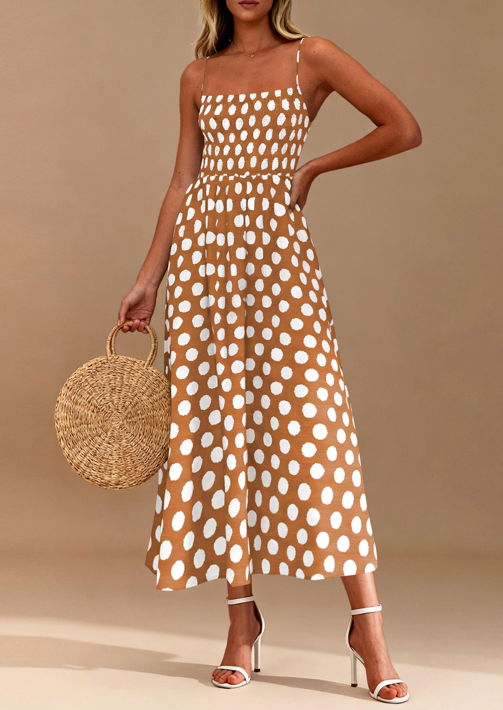 PRETTYGARDEN Womens Summer Dresses Spring Sleeveless Spaghetti Straps Casual Midi Dress Polka Dot Smocked Beach Sundress PRETTYGARDEN