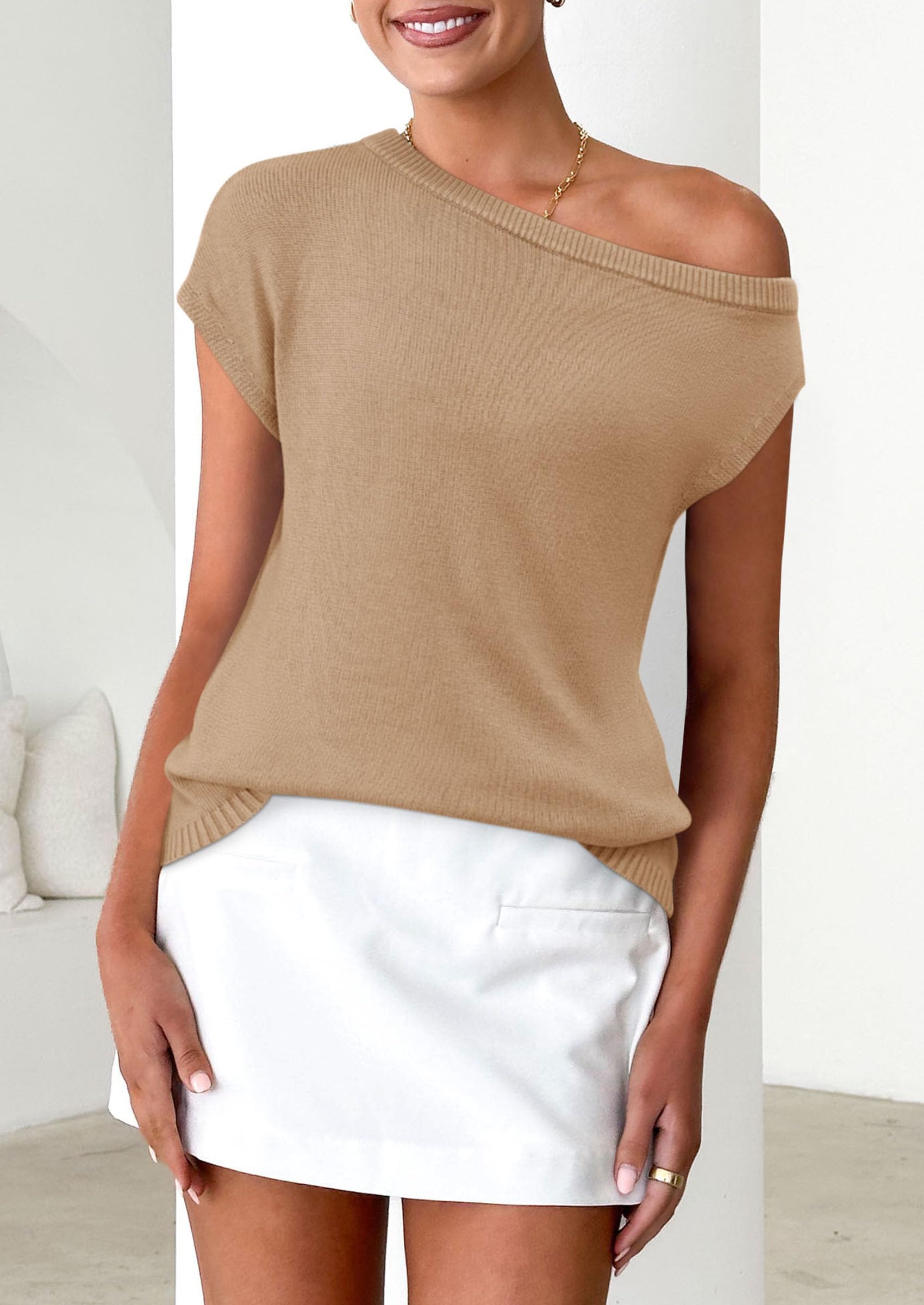 PRETTYGARDEN Womens Off The Shoulder Tops Summer Casual Short Sleeve Tunic T Shirts Lightweight Knit Sweaters