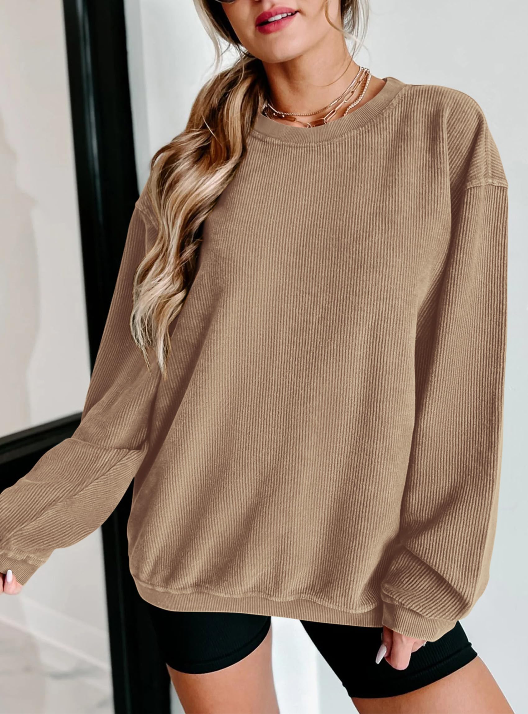 PRETTYGARDEN Women's Oversized Sweatshirt 2025 Fall Fashion Clothes Ribbed Corduroy Long Sleeve Going Out Pullover Tops