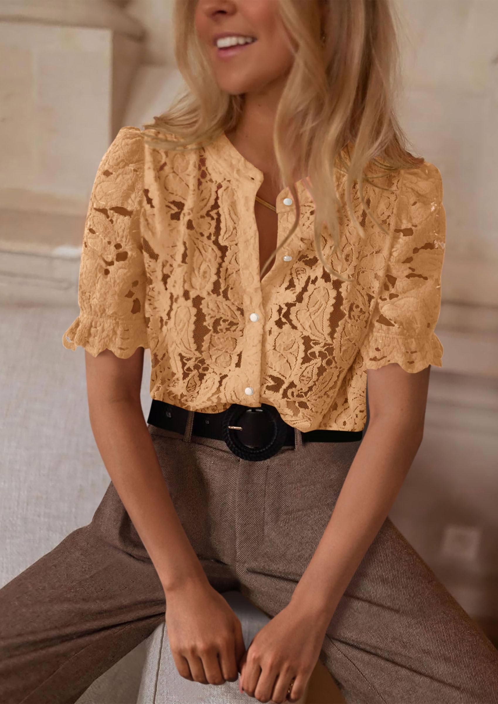 PRETTYGARDEN Womens Spring Lace Tops Short Puff Sleeve Casual Dressy Blouses Eyelet Crew Neck Button Down Shirts