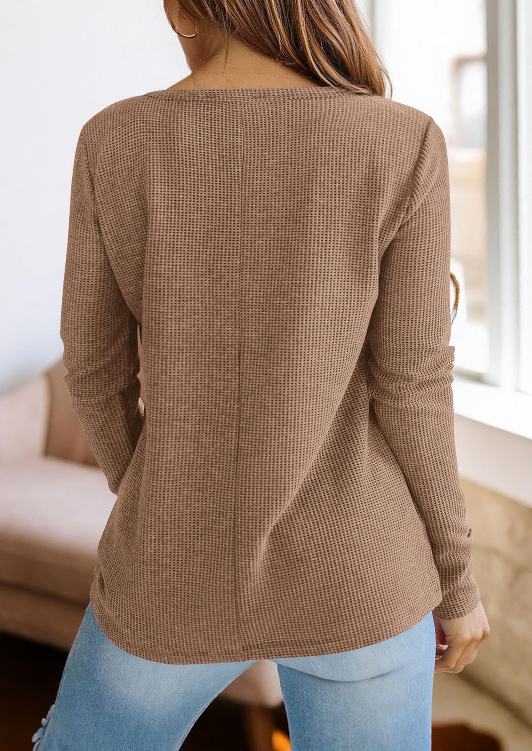 PRETTYGARDEN Long Sleeve Shirts for Women Fall V Neck Waffle Basic Tee Dressy Casual Winter Blouses Knit Tunic Tops