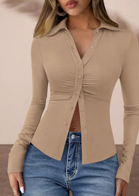 PRETTYGARDEN Womens Button Down Shirts V Neck Collared Ruched Slim Fit Long Sleeve Shirt Casual Fall Fashion Ladies Tops PRETTYGARDEN