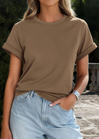 PRETTYGARDEN Womens Summer Tops Spring Casual Rolled Short Sleeve Basic Tees Crew Neck Work Shirts Fashion Clothing PRETTYGARDEN