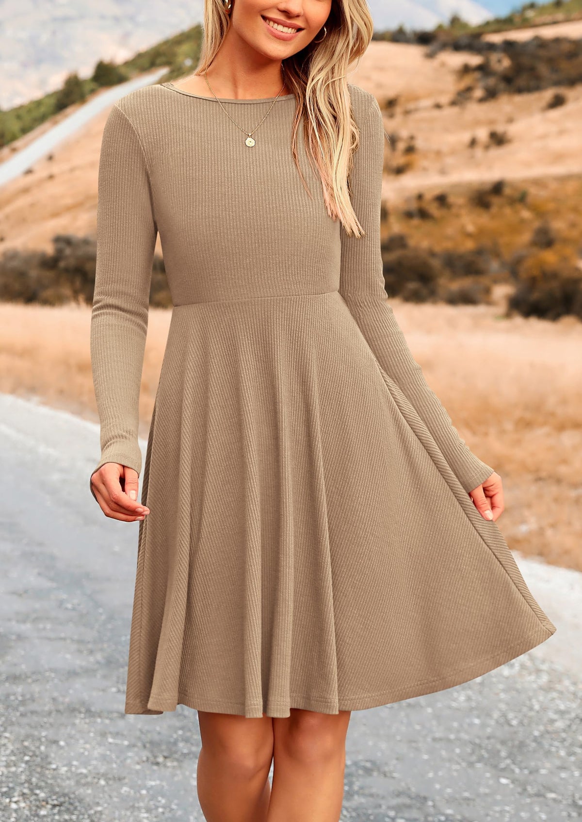 Women's Fall Short Dress Ribbed Knit Crewneck Long Sleeve A Line Flowy Casual Elegant Cute Going Out Dresses