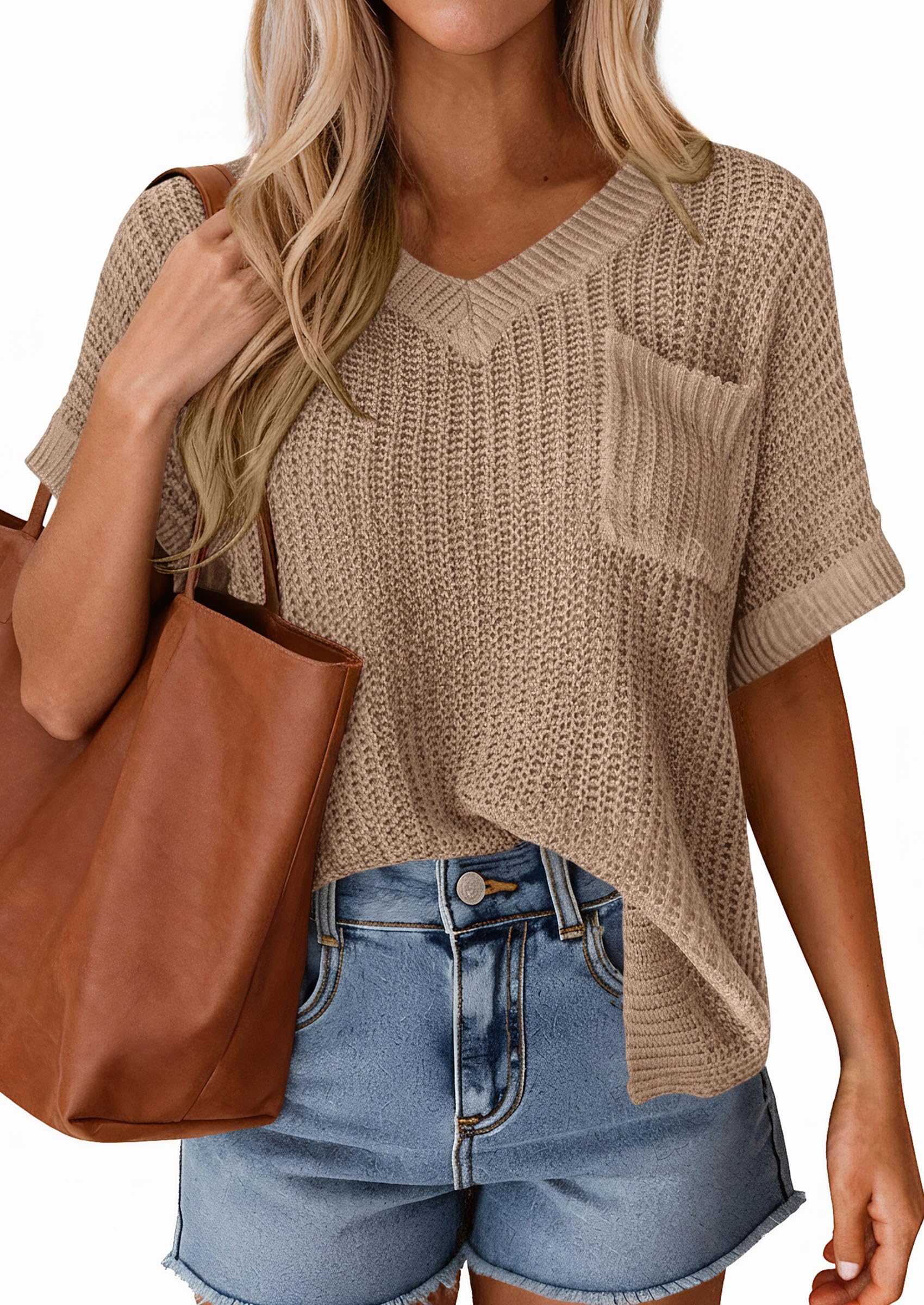 PRETTYGARDEN Women's Spring Short Sleeve Sweaters Lightweight V Neck Casual Going Out Summer T PRETTYGARDEN