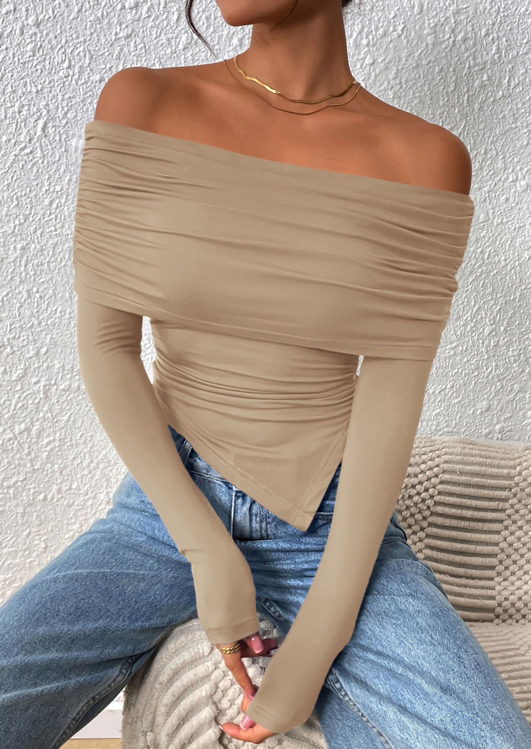 PRETTYGARDEN Women's Long Sleeve Shirts Off Shoulder Tops Going Out Slim Fitted Y2K Blouses Fall Fashion Clothes