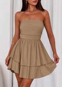 PRETTYGARDEN Women's Summer Strapless Tube Mini Dress Off Shoulder Smocked Ruffle A Line Flowy Short Party Club Dresses