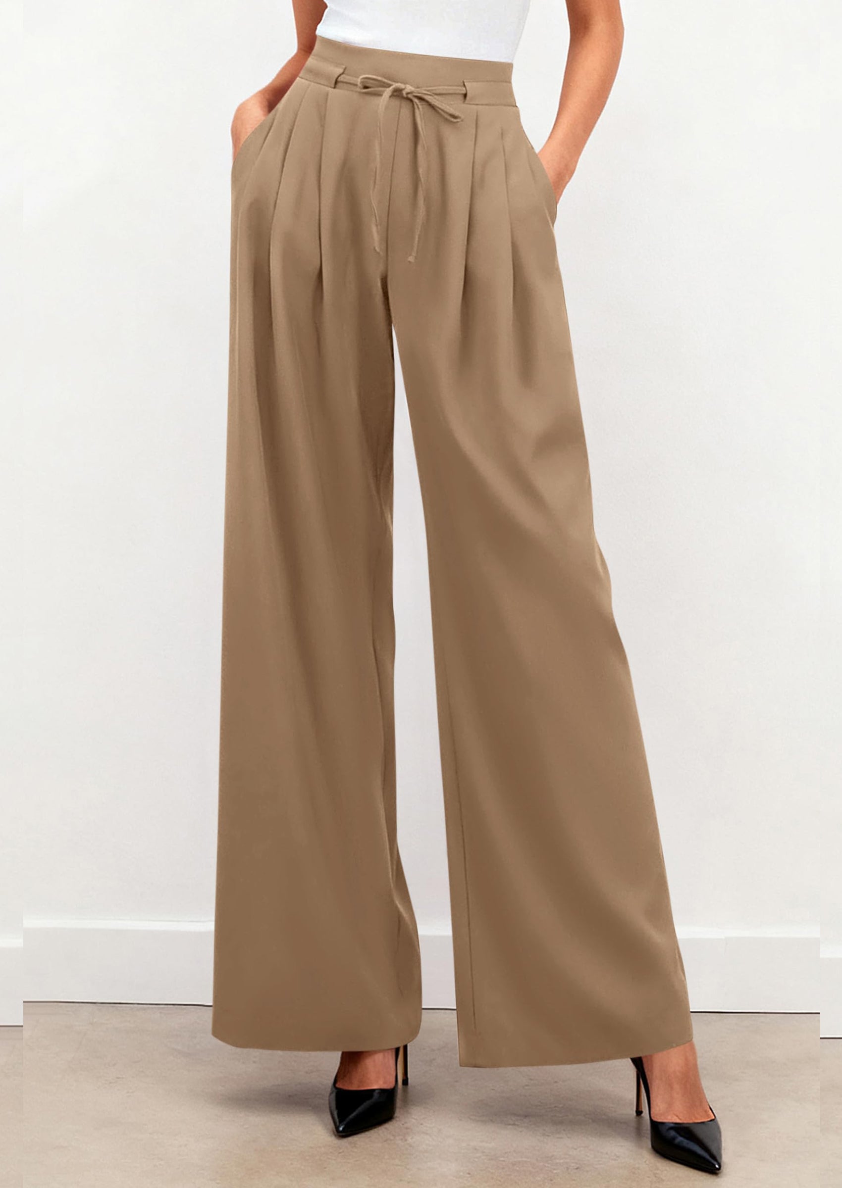 PRETTYGARDEN Women Wide Leg Pants Business Casual Elastic Waist Work Trousers Dressy Pants with Pockets PRETTYGARDEN