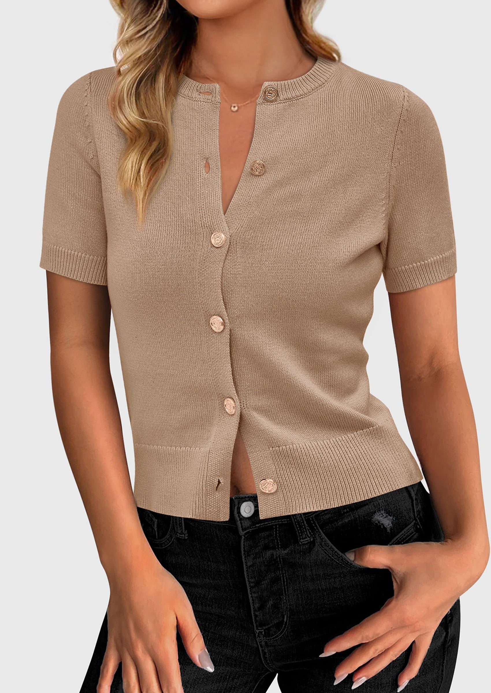 PRETTYGARDEN Womens Casual Summer Short Sleeve Cardigans Button Down Knitted Sweater Basic Crew Neck Crop Tops