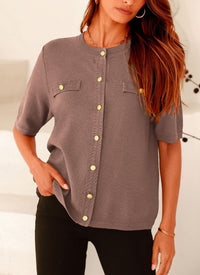 Button Down Casual Short Sleeve Crew Neck Ribbed Knit Shirts