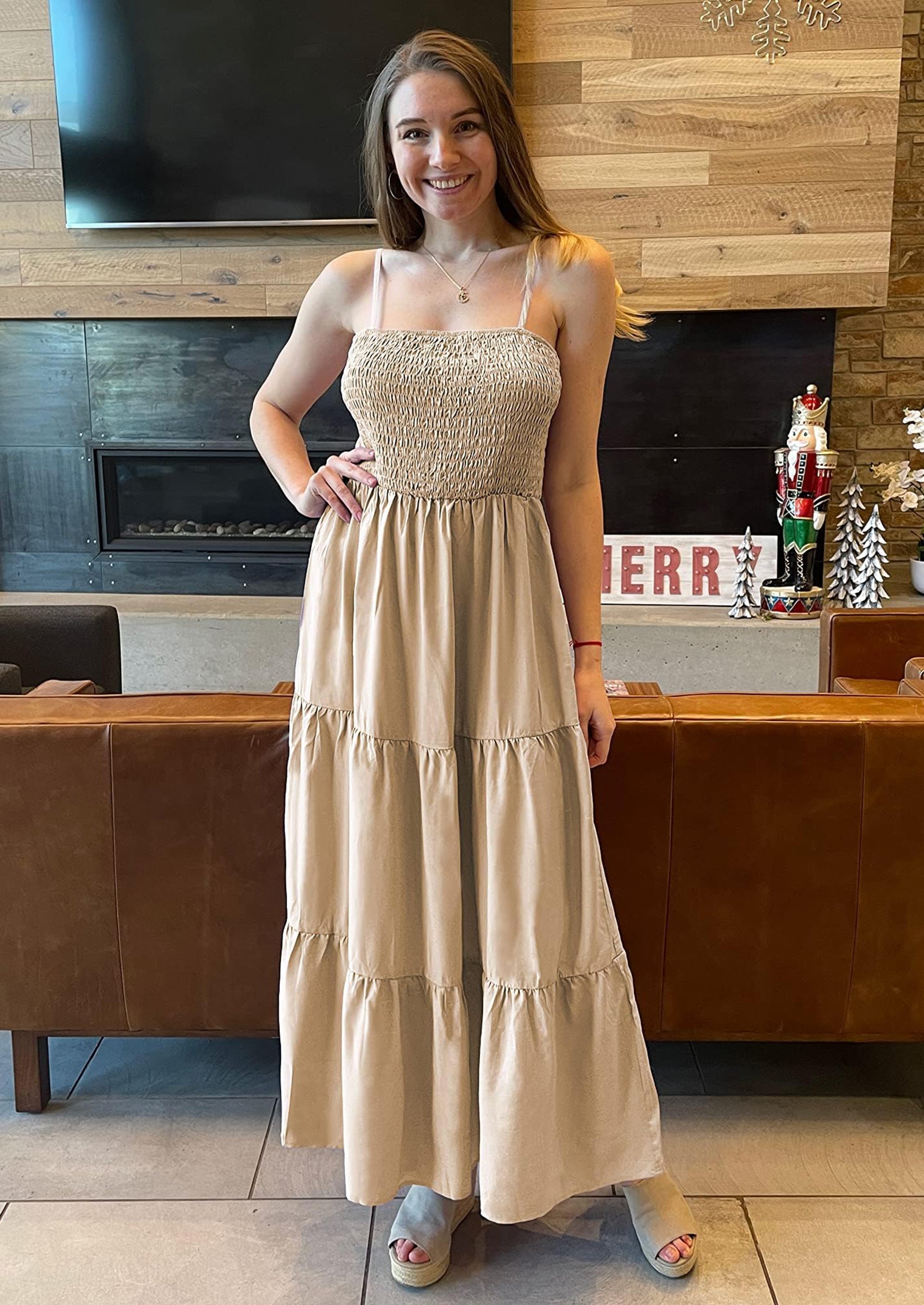 PRETTYGARDEN Women's Summer Maxi Dress Casual Boho Sleeveless Spaghetti Strap Smocked Tiered Long Beach Sundresses PRETTYGARDEN