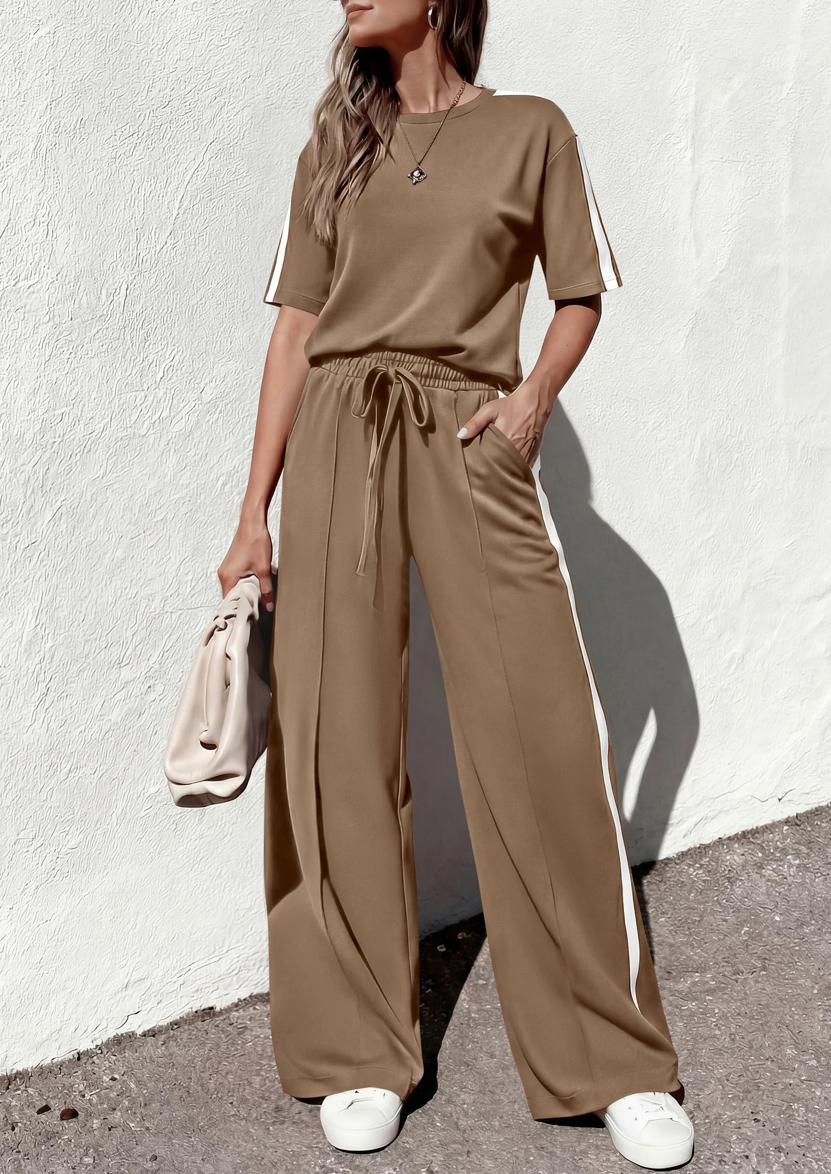 PRETTYGARDEN Women's 2 Piece Sets Summer Casual Short Sleeve Tops Wide Leg Pants Matching Lounge Set Vacation Travel Outfits PRETTYGARDEN