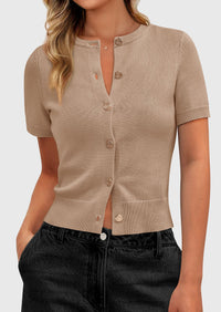 PRETTYGARDEN Womens Casual Summer Short Sleeve Cardigans Button Down Knitted Sweater Basic Crew Neck Crop Tops