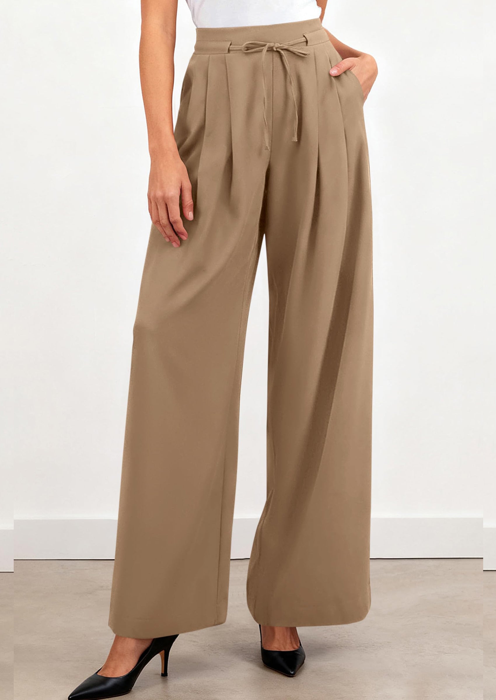 PRETTYGARDEN Women Wide Leg Pants Business Casual Elastic Waist Work Trousers Dressy Pants with Pockets PRETTYGARDEN