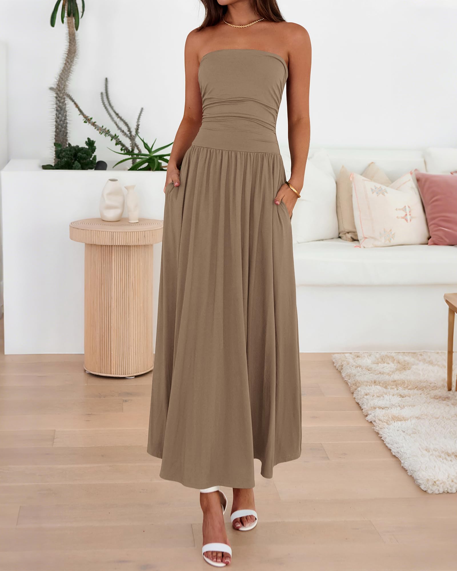 BTFBM Summer Maxi Dresses for Women Strapless Ruched Tube Top Beach Vacation Spring Wedding Guest Dress Pockets PRETTYGARDEN
