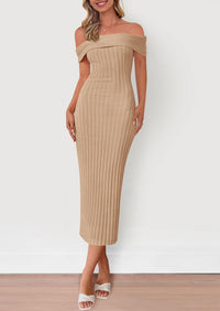 Women's Off The Shoulder Sweater Dresses 2025 Summer Elegant Ribbed Knit Midi Bodycon Wedding Guest Dress