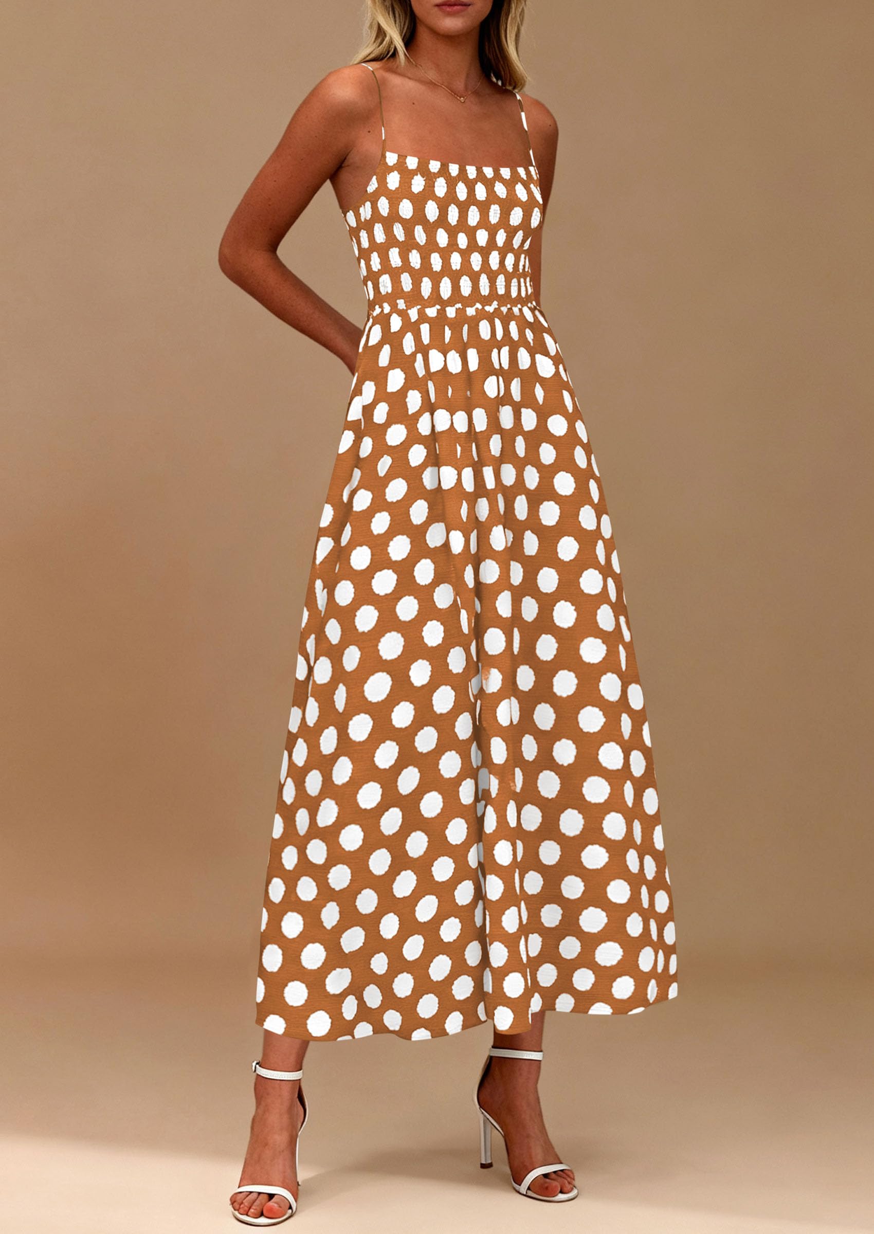 PRETTYGARDEN Womens Summer Dresses Spring Sleeveless Spaghetti Straps Casual Midi Dress Polka Dot Smocked Beach Sundress PRETTYGARDEN