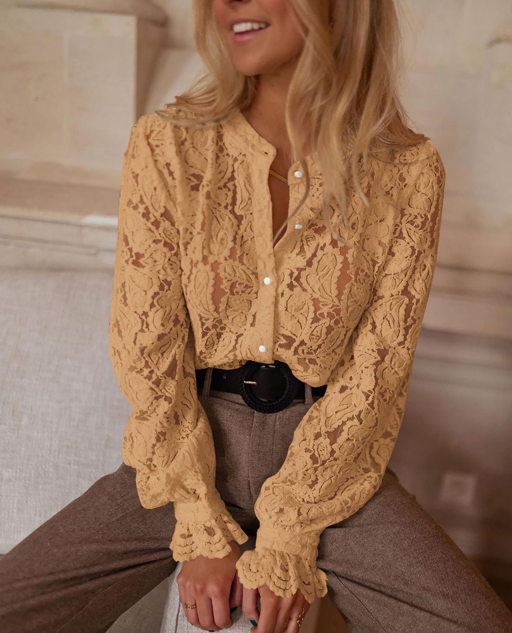 PRETTYGARDEN Women's Dressy Casual Lace Blouse Long Sleeve Button Up Shirts Tops Spring Fall Fashion Clothes