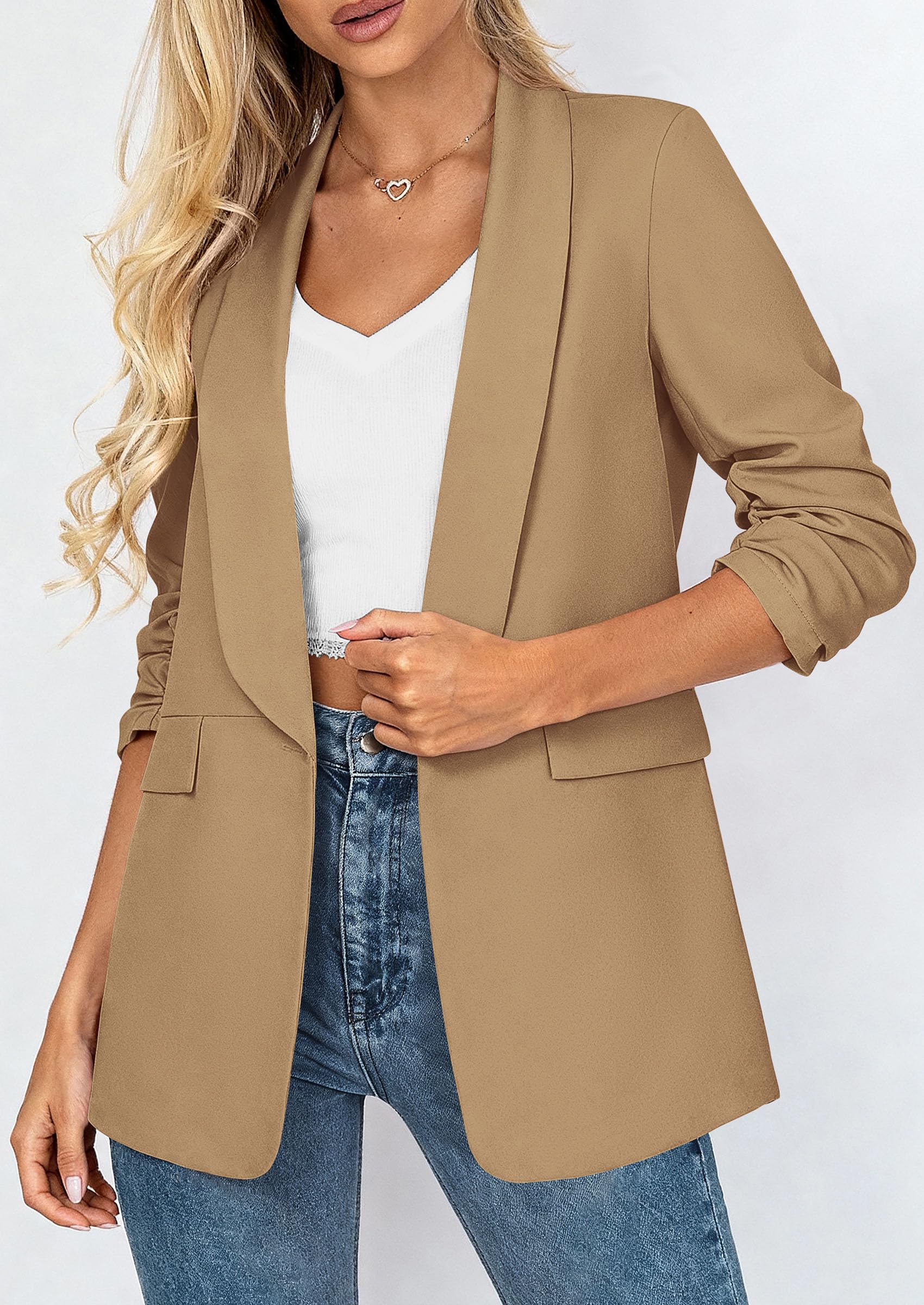 PRETTYGARDEN Women's Spring Blazers Business Casual Outfits Open Front Ruched 3/4 Sleeve Lightweight Work Suits Jackets PRETTYGARDEN