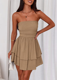 PRETTYGARDEN Women's Summer Strapless Tube Mini Dress Off Shoulder Smocked Ruffle A Line Flowy Short Party Club Dresses