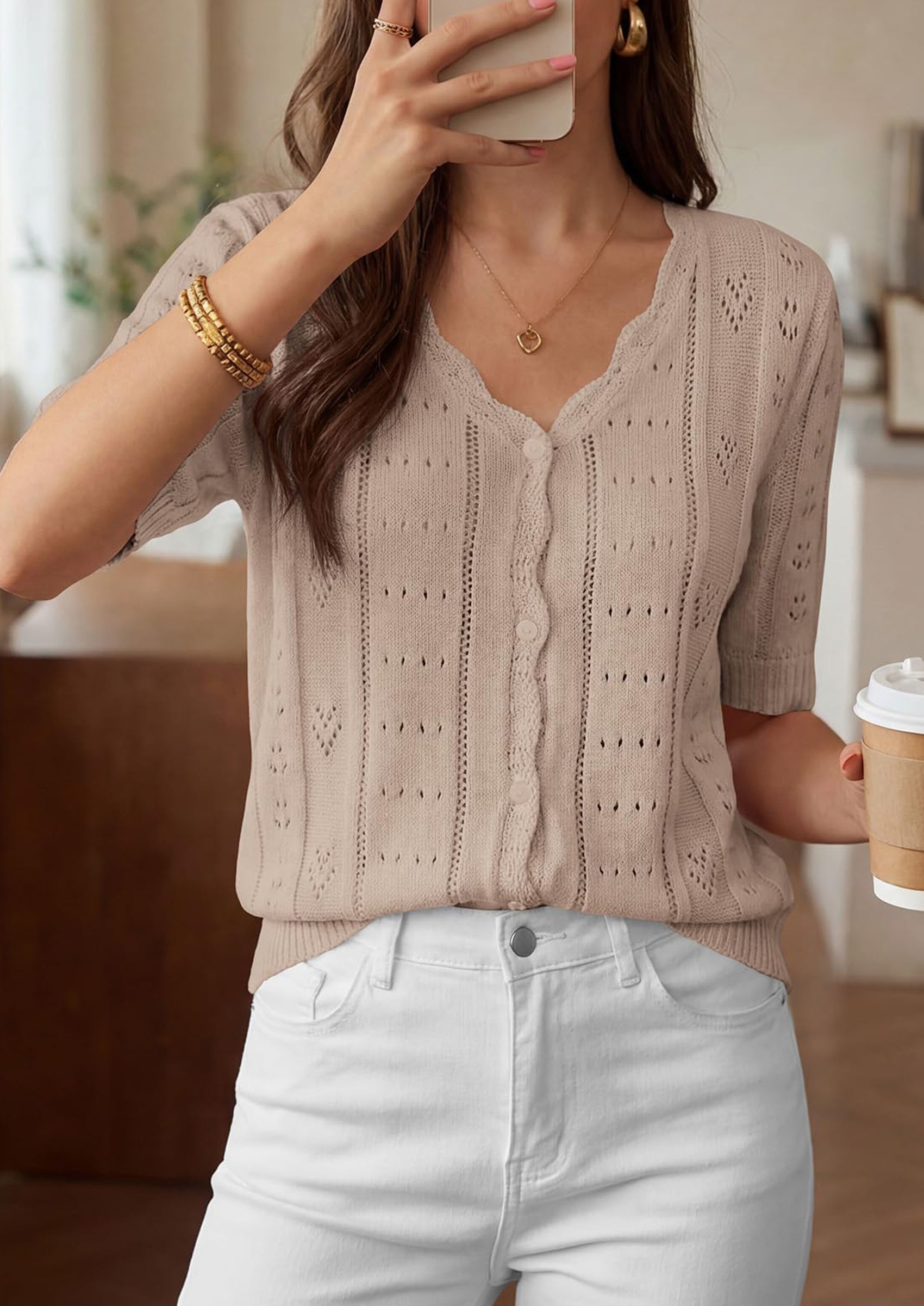 PRETTYGARDEN Womens Short Sleeve Crochet Knit Sweater Spring Fashion Button Down Lightweight Cardigans Summer Tops PRETTYGARDEN