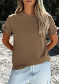 PRETTYGARDEN Womens Summer Tops Spring Casual Rolled Short Sleeve Basic Tees Crew Neck Work Shirts Fashion Clothing PRETTYGARDEN