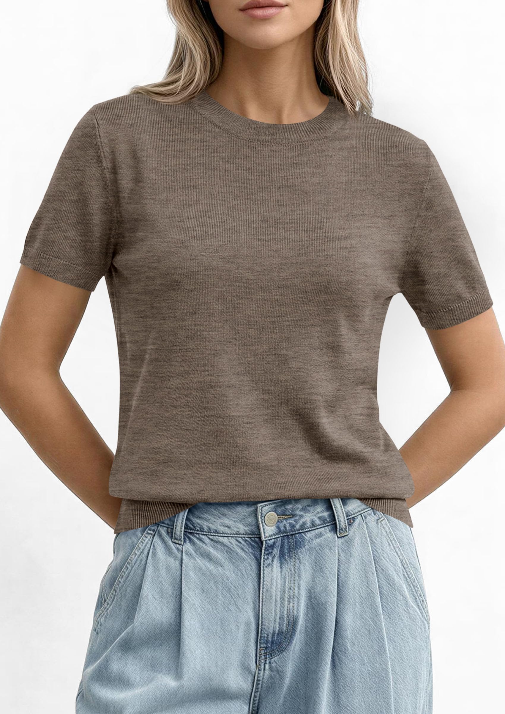 PRETTYGARDEN Women's Short Sleeve Sweaters Spring Crew Neck Knit Work Shirts Business Casual Tops Summer Fashion Clothes PRETTYGARDEN