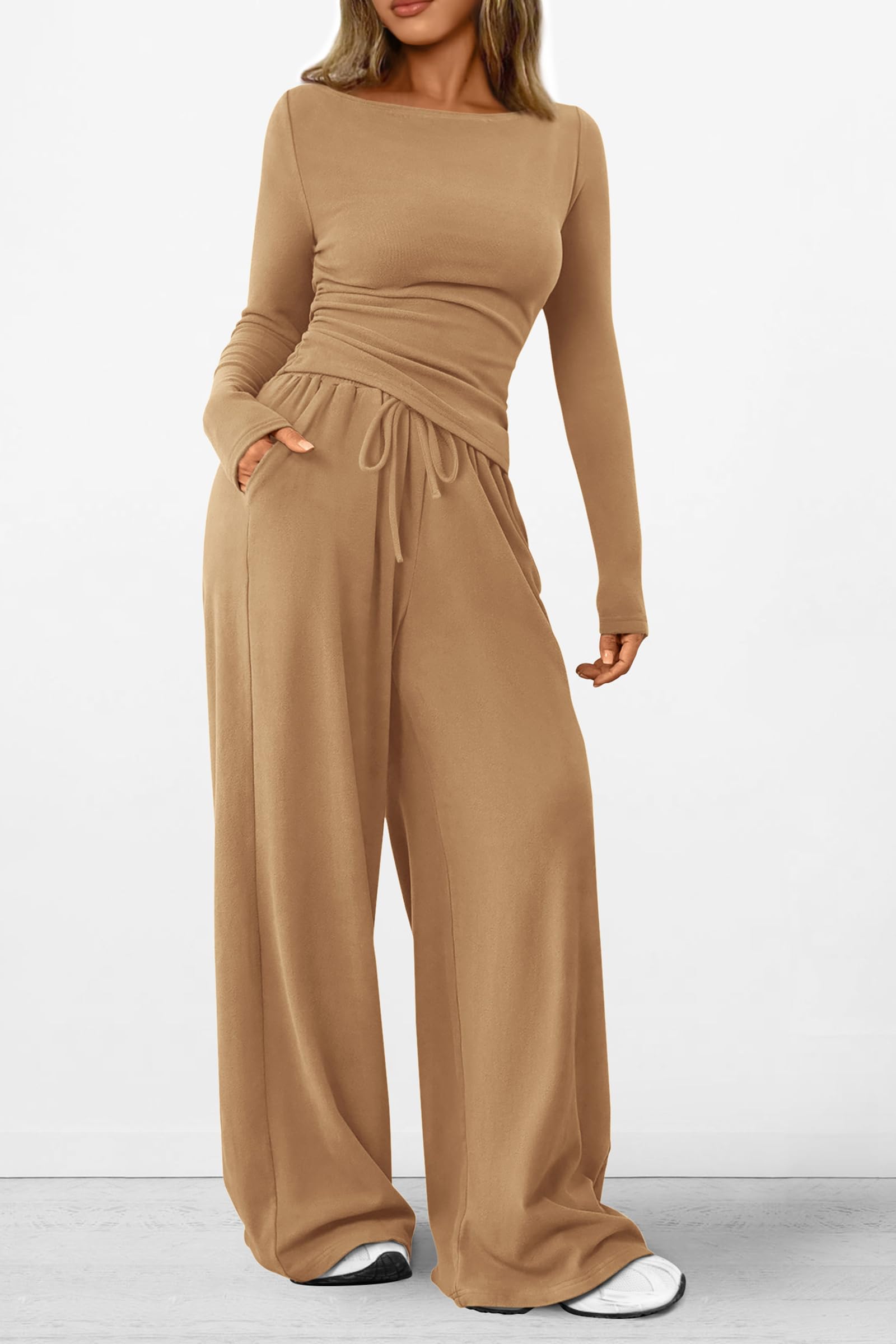 PRETTYGARDEN Women's 2 Piece Lounge Sets Asymmetrical Long Sleeve T Shirt Wide Leg Pants Casual Outfits Tracksuit