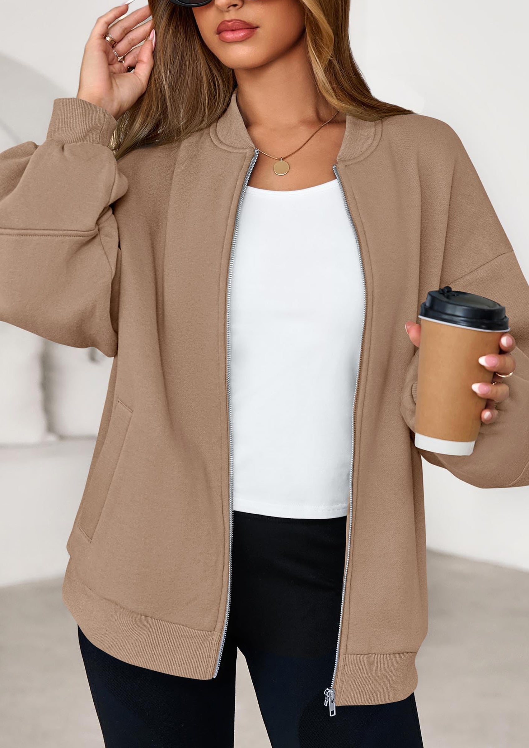 KIRUNDO Oversized Sweatshirt for Women Zip Up Bomber Jacket Fall Fashion Casual Long Sleeve Outerwear Winter Outfits PRETTYGARDEN