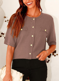 Button Down Casual Short Sleeve Crew Neck Ribbed Knit Shirts