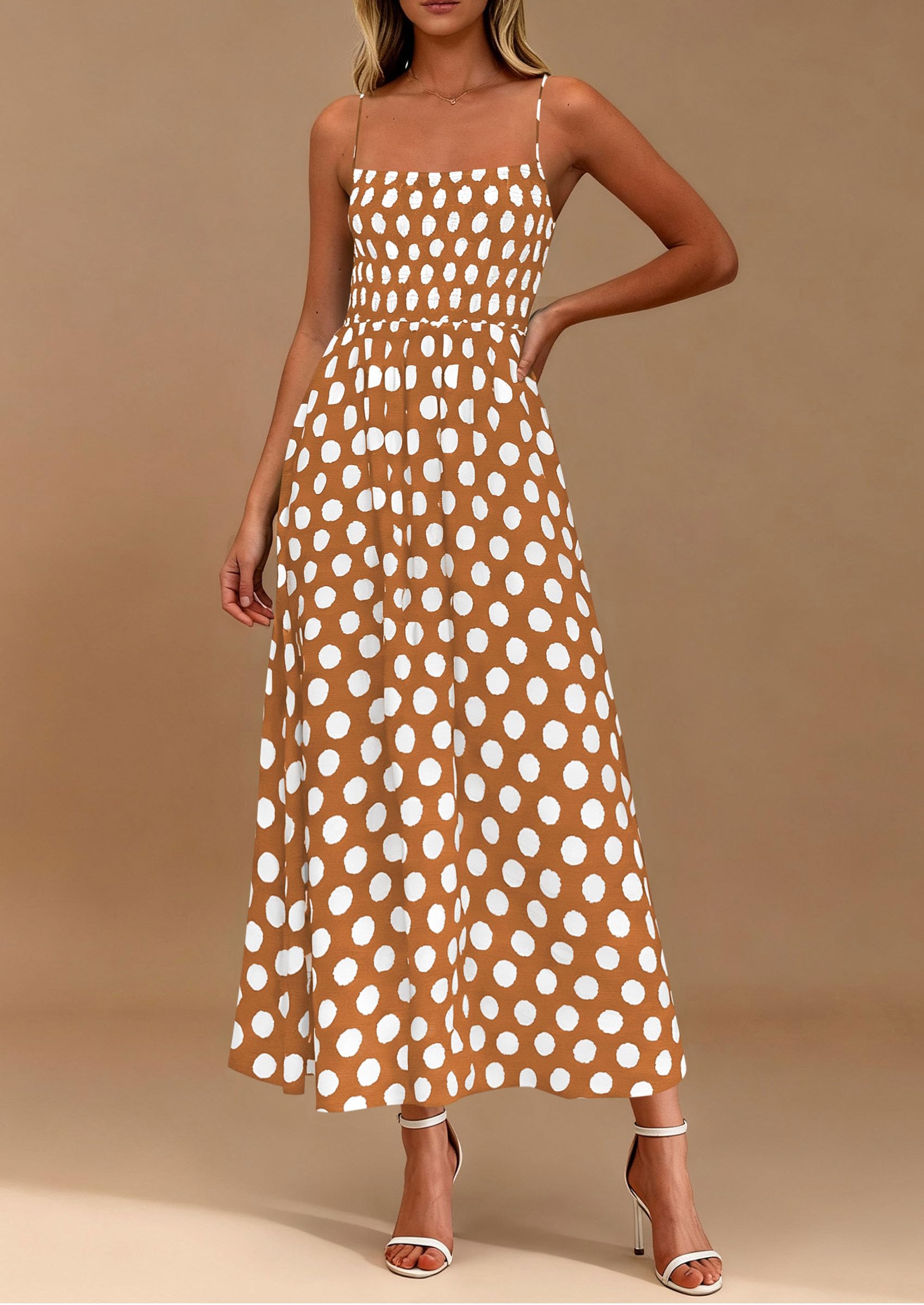 PRETTYGARDEN Womens Summer Dresses Spring Sleeveless Spaghetti Straps Casual Midi Dress Polka Dot Smocked Beach Sundress PRETTYGARDEN