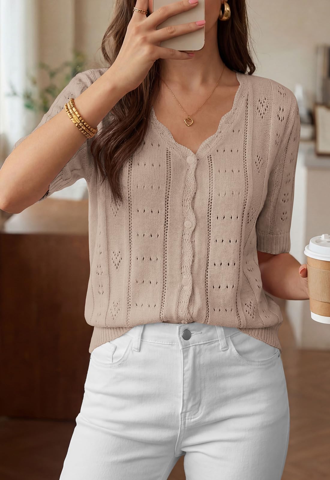 PRETTYGARDEN Womens Short Sleeve Crochet Knit Sweater Spring Fashion Button Down Lightweight Cardigans Summer Tops PRETTYGARDEN