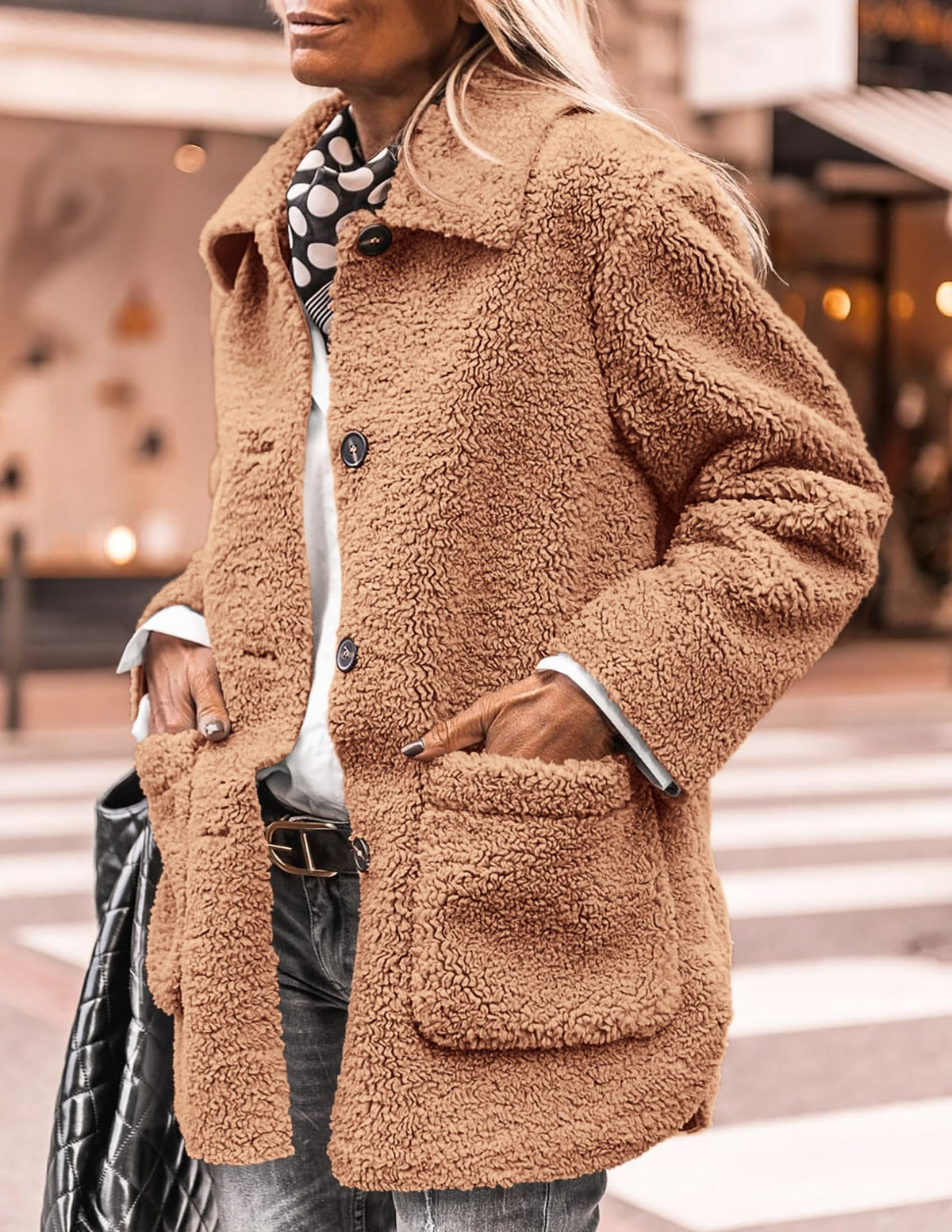 Winter Faux Fur Coats Long Sleeve Lapel Button Down Pockets Fleece Sherpa Jacket Casual Trendy Outerwear