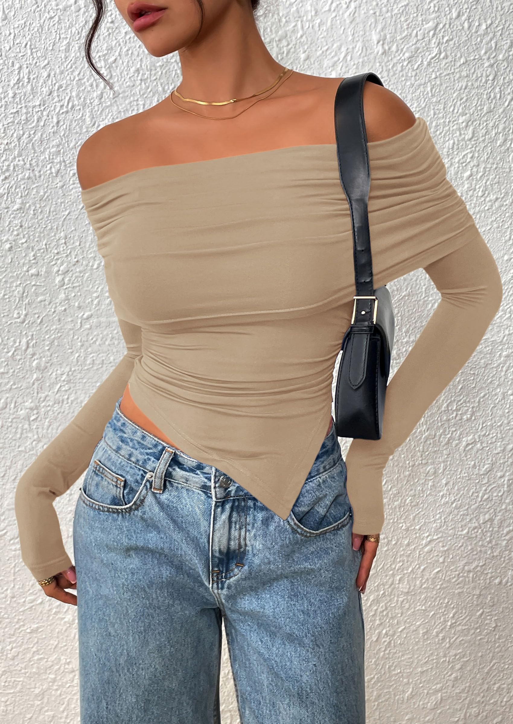 PRETTYGARDEN Women's Long Sleeve Shirts Off Shoulder Tops Going Out Slim Fitted Y2K Blouses Fall Fashion Clothes