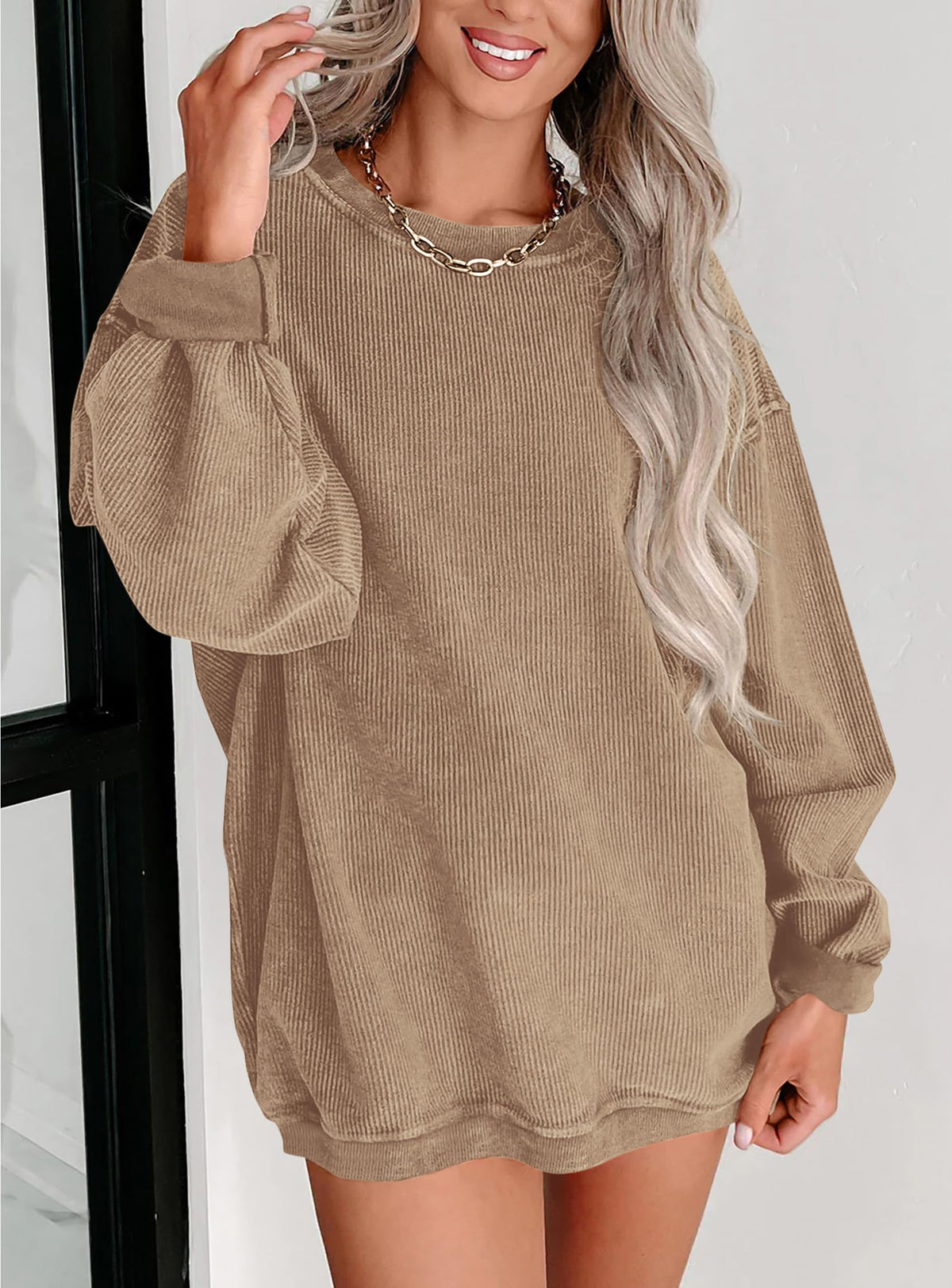 Women's Fall Oversized Sweatshirt Ribbed Corduroy Crewneck Long Sleeve Loose Fit Casual Going Out Pullover Tops