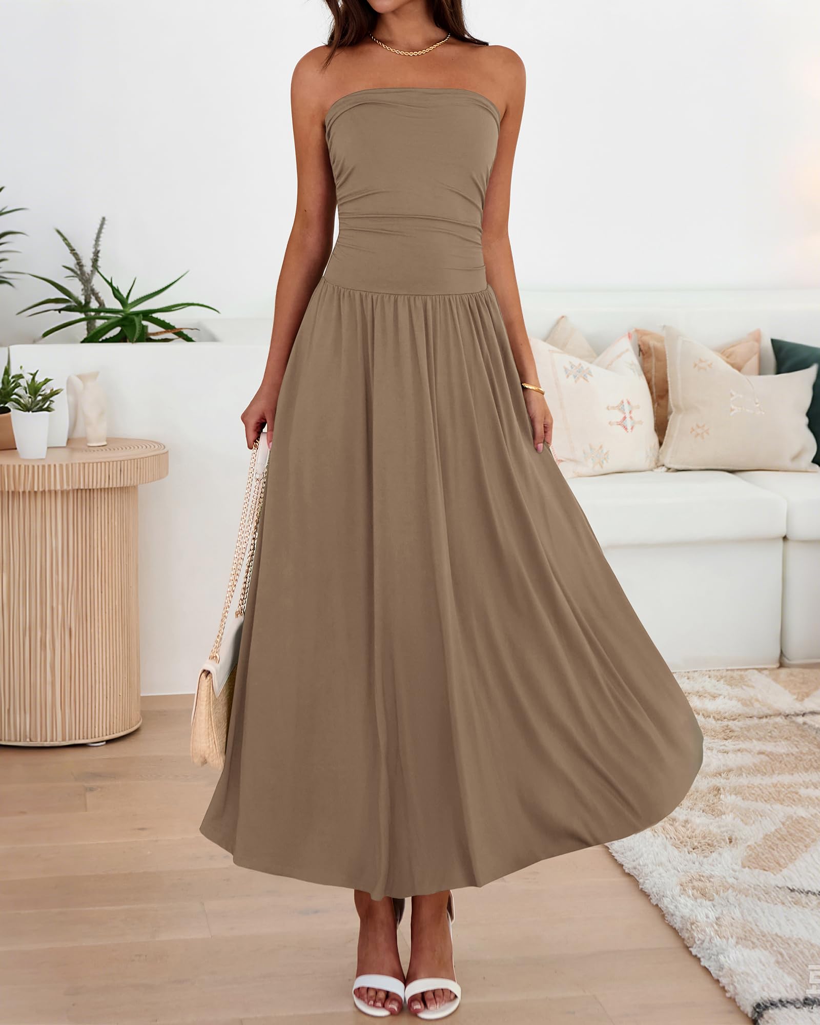 BTFBM Summer Maxi Dresses for Women Strapless Ruched Tube Top Beach Vacation Spring Wedding Guest Dress Pockets PRETTYGARDEN