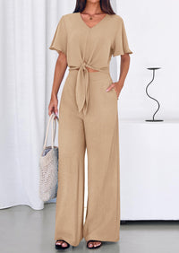 PRETTYGARDEN Women 2 Piece Summer Outfits Short Sleeve Strappy Top Wide Leg Pants Tracksuit Lounge Sets Beach Clothes PRETTYGARDEN