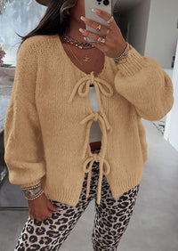 PRETTYGARDEN Women's Tie Front Bow Cardigan Sweaters Chunky Knit Long Puff Sleeve Trendy Fall Winter Jacket Coats