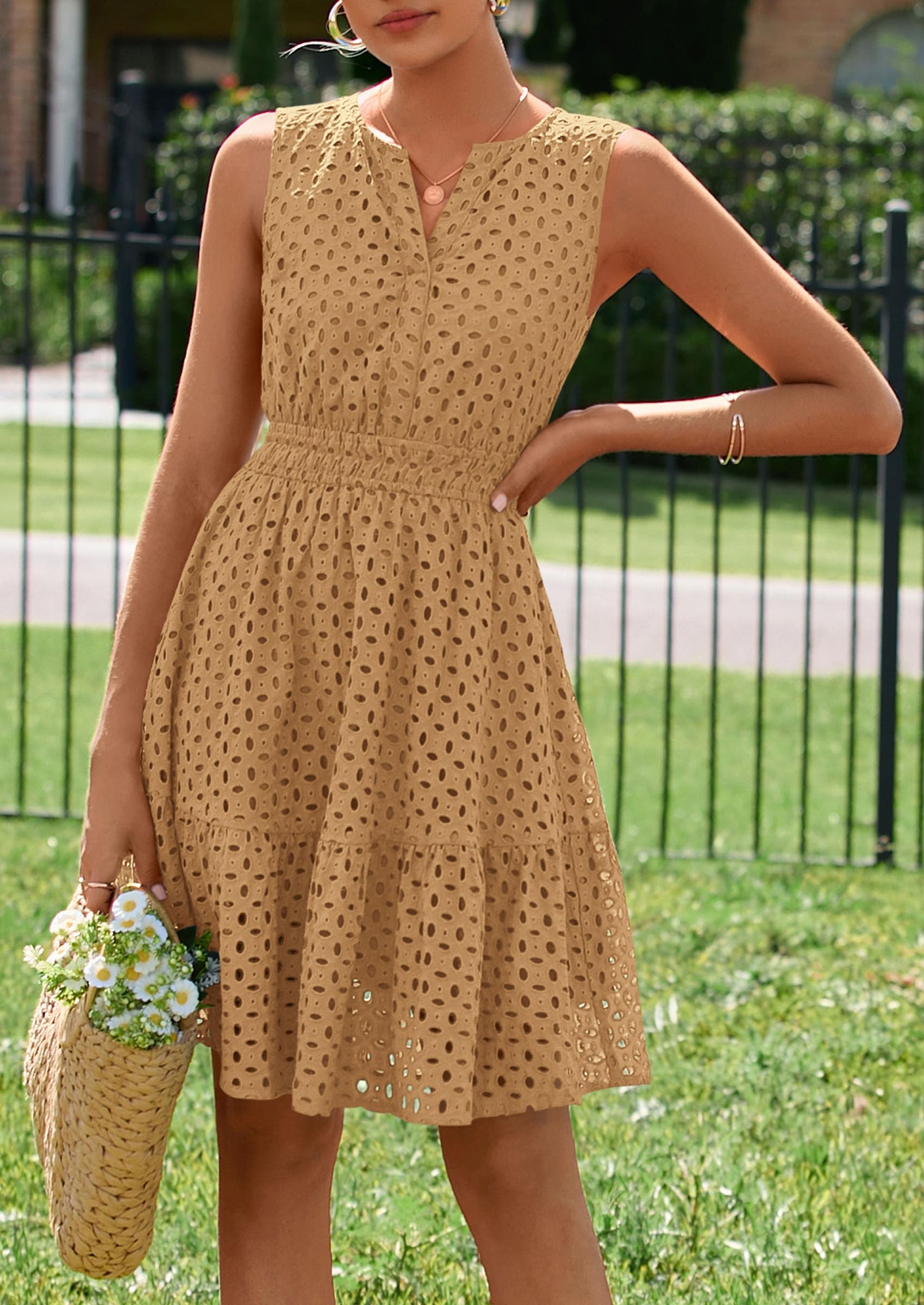 PRETTYGARDEN Women's Summer Dresses Sleeveless V Neck Eyelet Hollow Out Swing A Line Beach Vacation Sun Dress PRETTYGARDEN