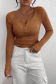 Long Sleeve Henley Button Down Ribbed Knit Slim Fit Blouse