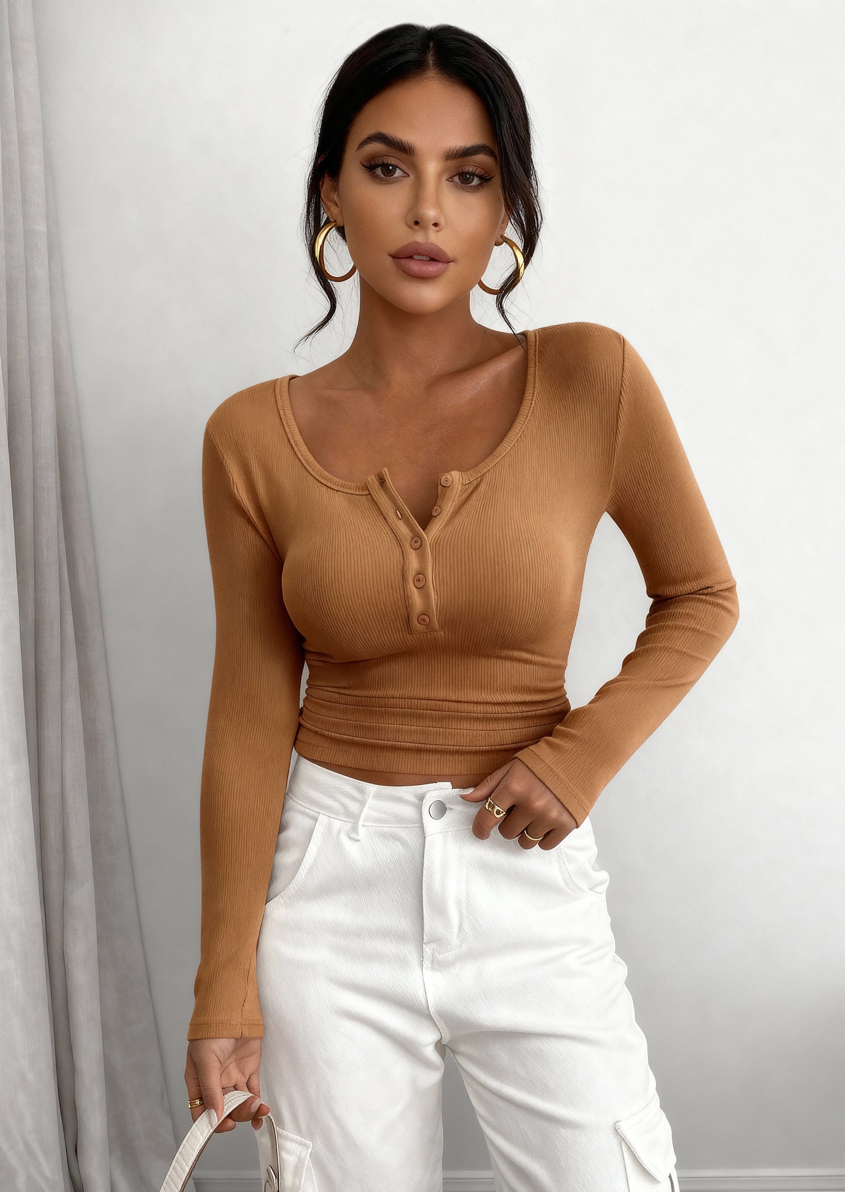 PRETTYGARDEN Women's Spring Fall Long Sleeve Henley T Shirts Button Ribbed Knit Slim Fit Casual Basic Tops Blouse PRETTYGARDEN