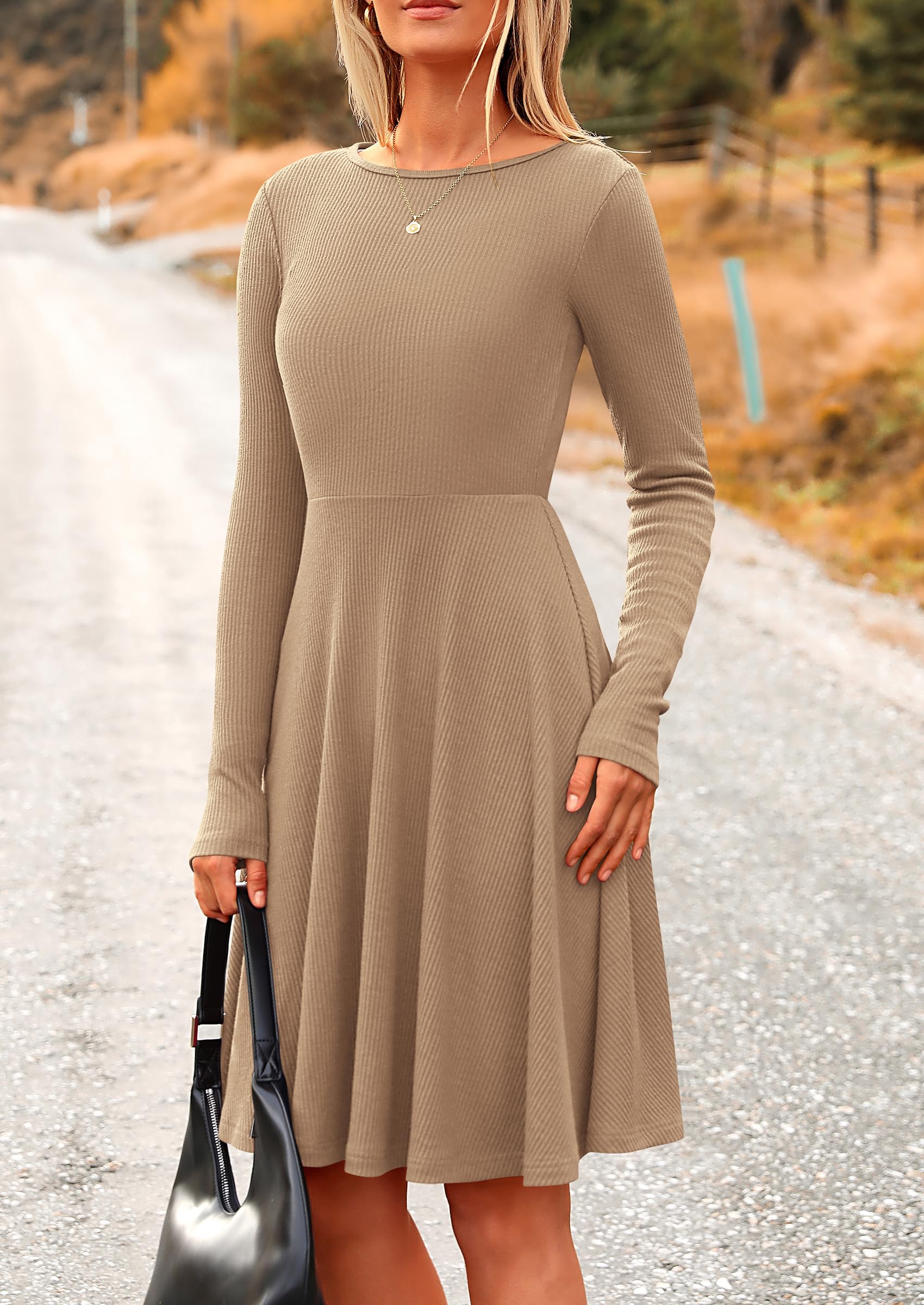 PRETTYGARDEN Women's Spring Fall Short Dress Ribbed Knit Crewneck Long Sleeve A Line Flowy Casual Elegant Going Out Dresses