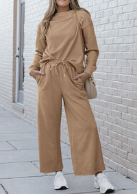 2 Piece Outfits Fall Casual Long Sleeve Pullover Tops and Wide Leg Pants Knitted Lounge Sets