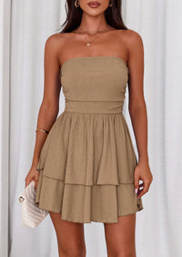 PRETTYGARDEN Women's Summer Strapless Tube Mini Dress Off Shoulder Smocked Ruffle A Line Flowy Short Party Club Dresses