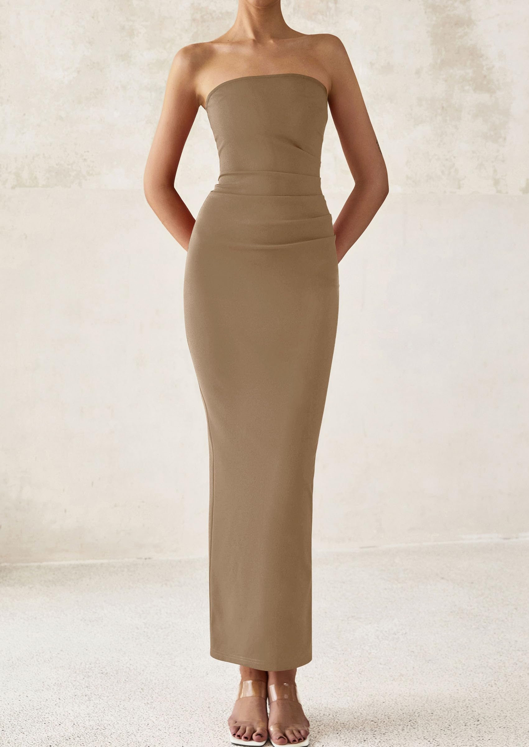 PRETTYGARDEN Women's Semi Formal Cocktail Dresses Strapless Tube Bodycon Ruched Evening Wedding Guest Maxi Dress