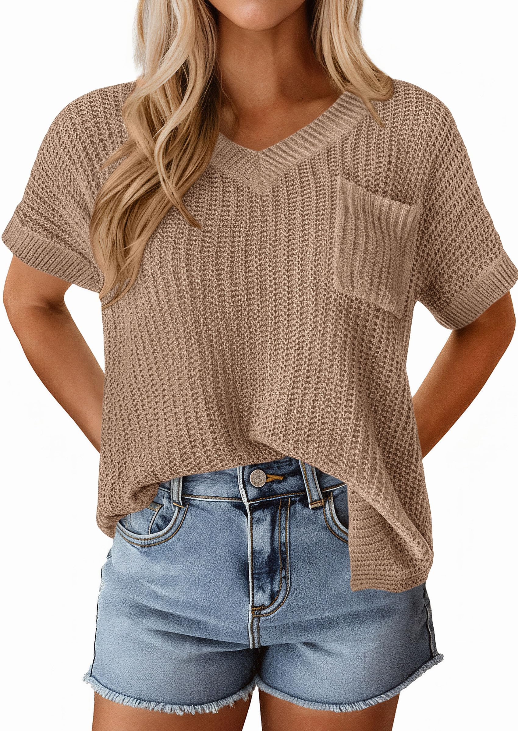 PRETTYGARDEN Women's Spring Short Sleeve Sweaters Lightweight V Neck Casual Going Out Summer T PRETTYGARDEN