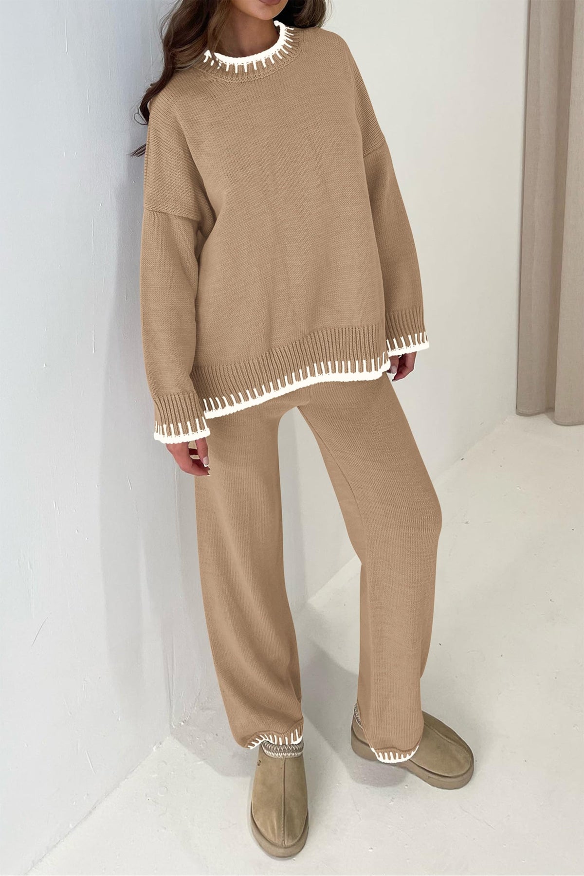 2 Piece Knitted Casual Long Sleeve Pullover Wide Leg Pant Set