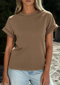 PRETTYGARDEN Womens Summer Tops Spring Casual Rolled Short Sleeve Basic Tees Crew Neck Work Shirts Fashion Clothing PRETTYGARDEN