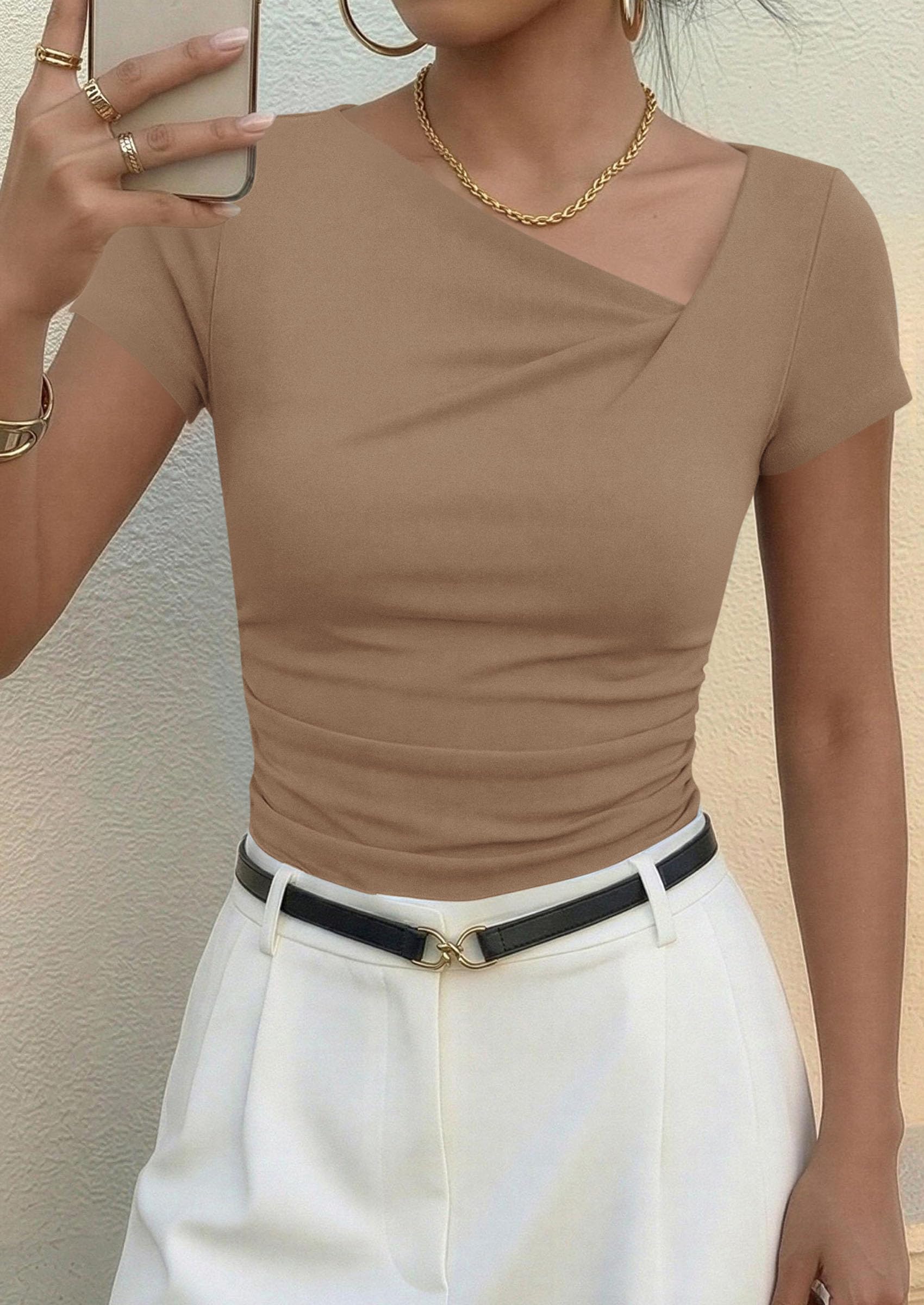 PRETTYGARDEN Women's Summer Asymmetrical Y2K Tops Trendy Ribbed Short Sleeve Fitted Tee Shirts Spring Fashion Clothing PRETTYGARDEN